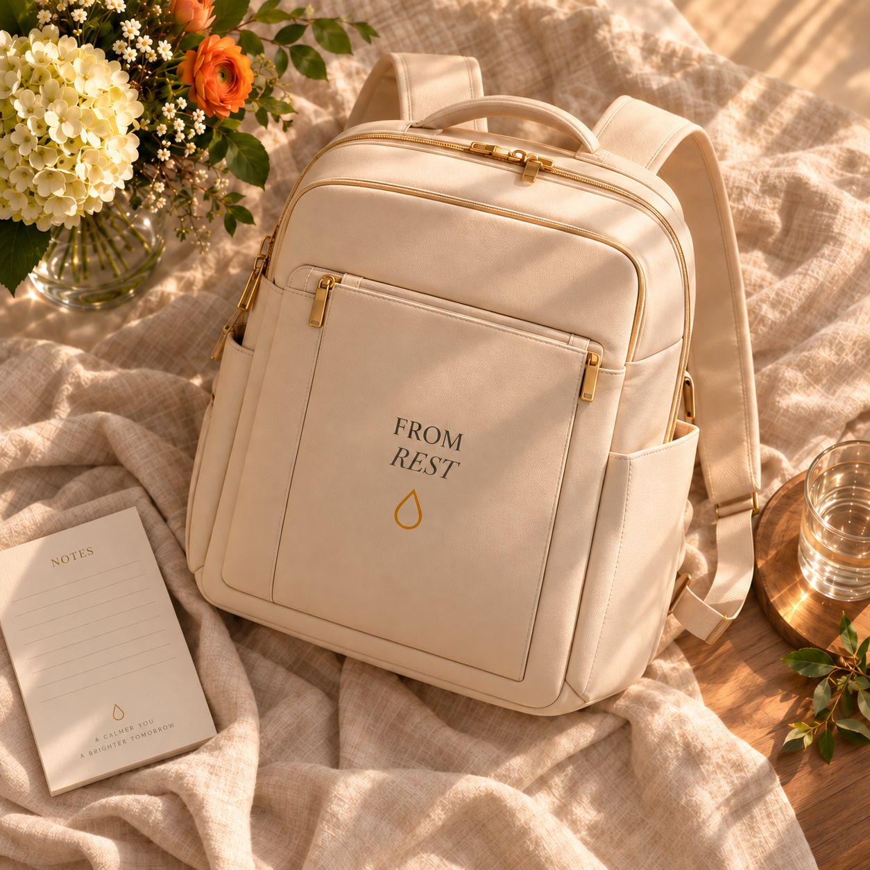 Cream backpack embroidered with FROM REST and a single oil drop