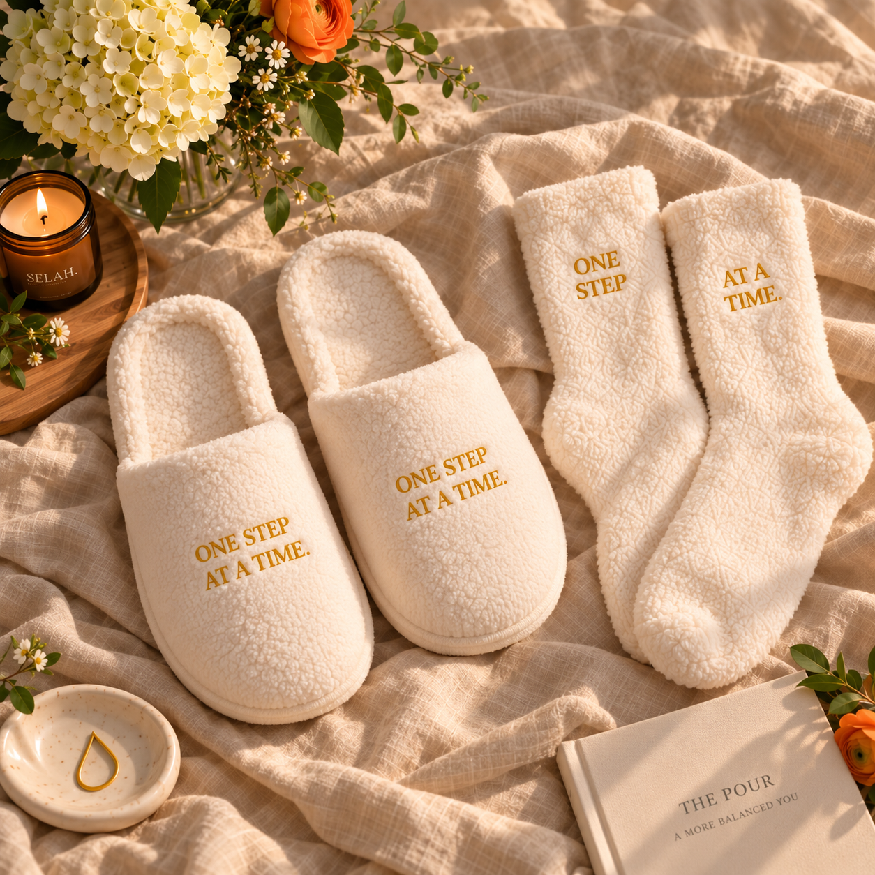 Cream slippers and socks embroidered with ONE STEP AT A TIME
