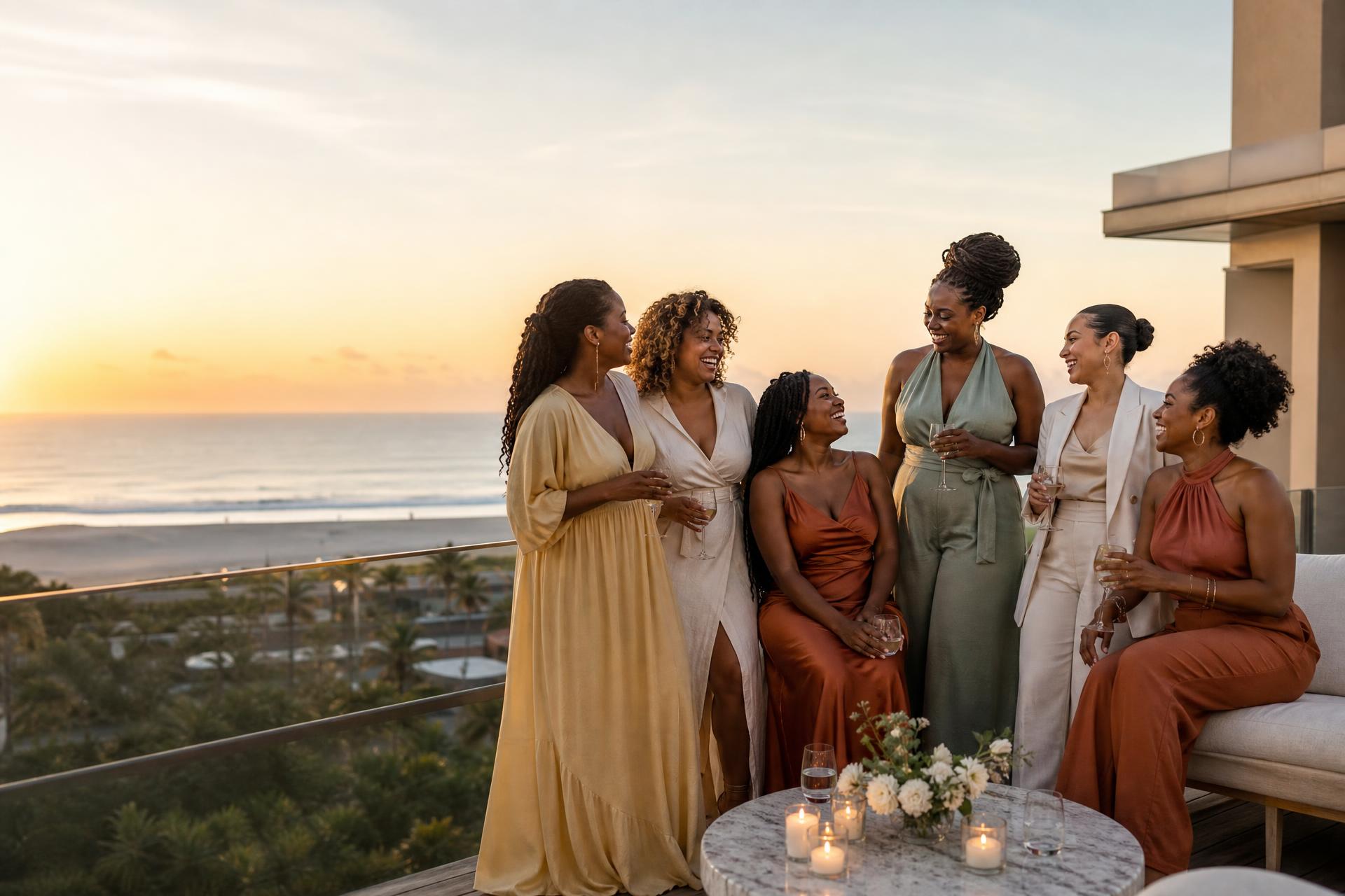 Women connecting on an oceanfront rooftop at golden hour