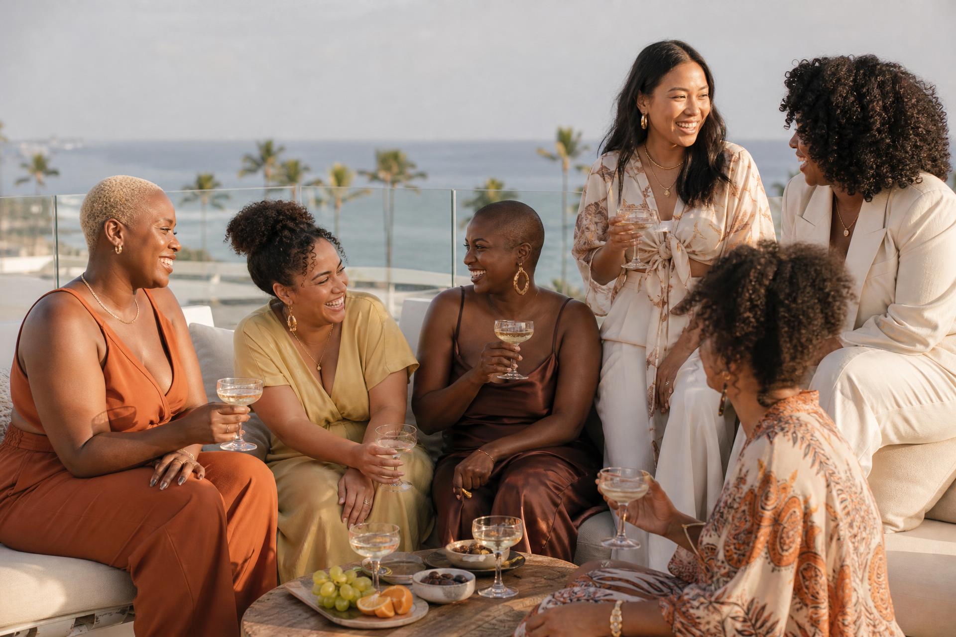 Women sharing a genuine relaxed moment at sunset